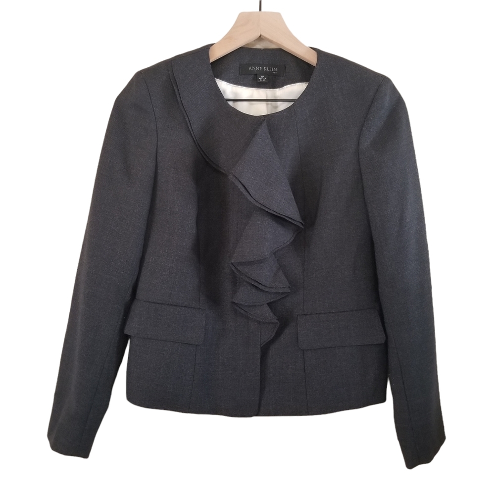 2/$20 Anne Klein Blazer Ruffle Front Blazer Classic Black Petite Suit Jacket